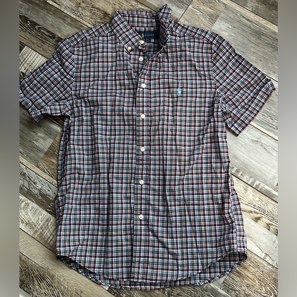 Ralph Lauren Boys Short Sleeve Button Down Plaid Cotton Dress Shirt L(14-16)